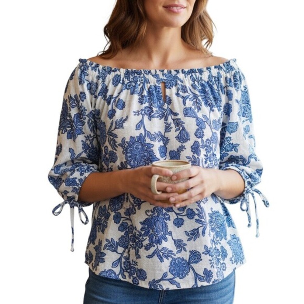 Shol Los Angeles Blouse Womens Plus XL Blue White Floral Off Shoulder Boho